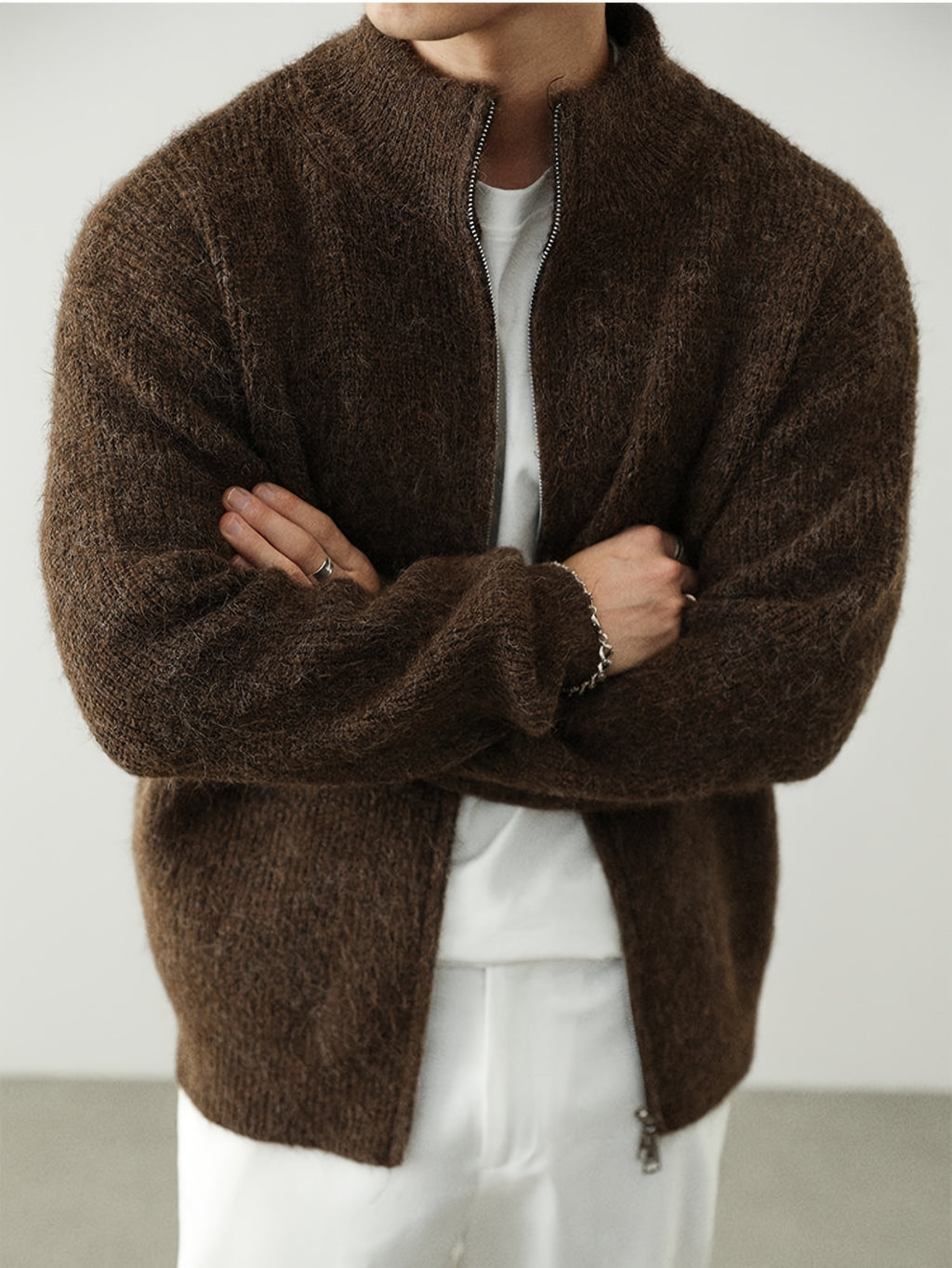 Dark Brown Fuzzy Knit Stand-Collar Zip-Up Cardigan