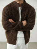 Dark Brown Fuzzy Knit Stand-Collar Zip-Up Cardigan