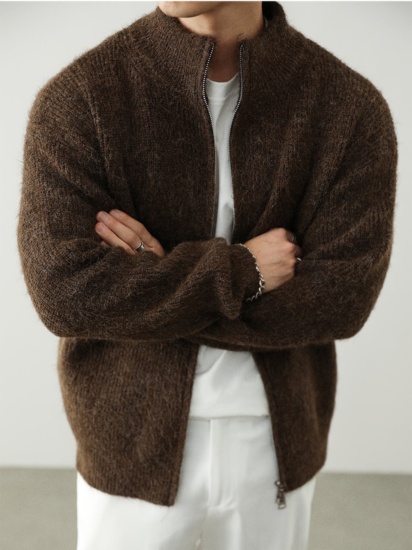 Dark Brown Fuzzy Knit Stand-Collar Zip-Up Cardigan