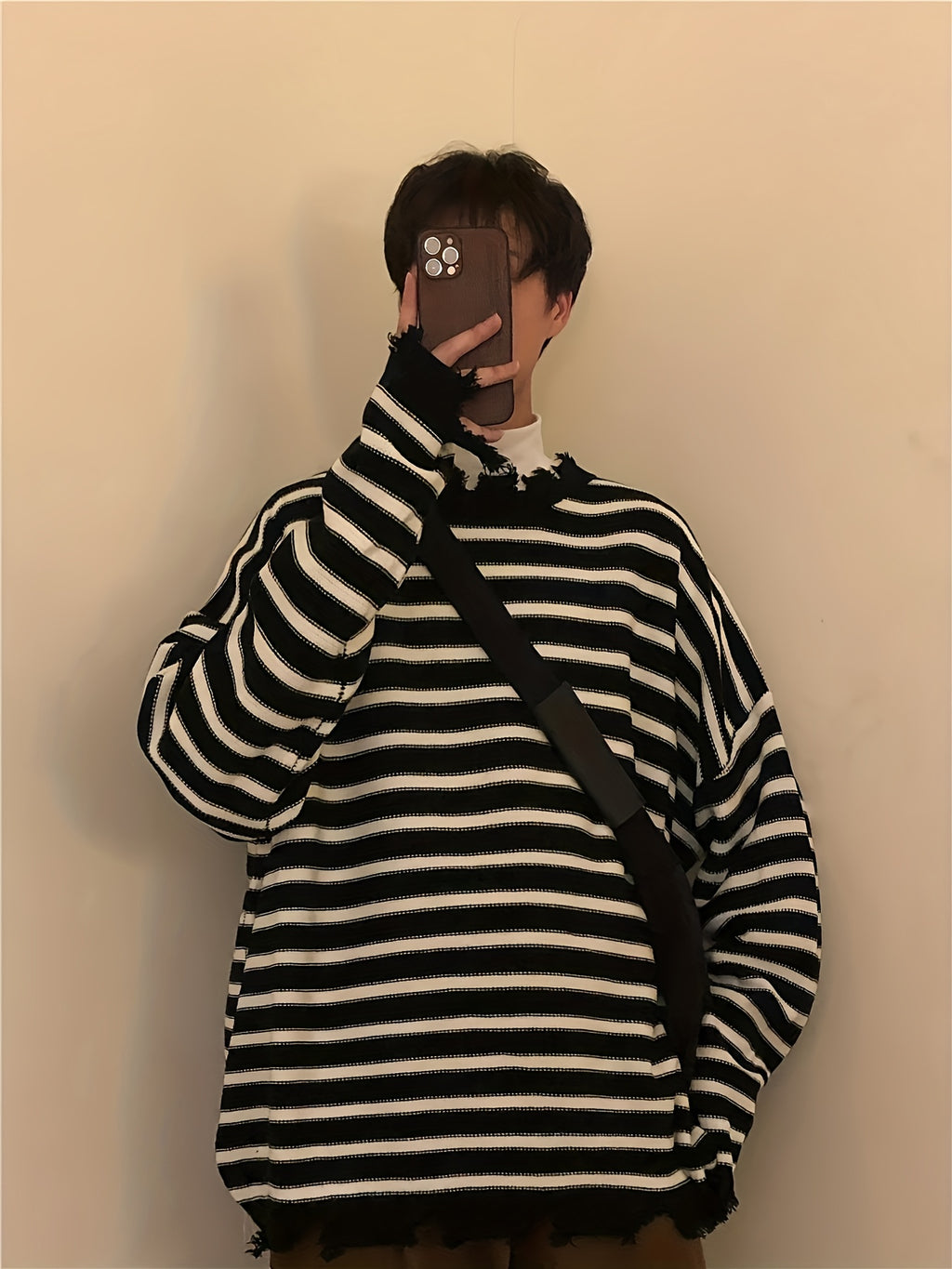 Black & White Stripe Oversized Distressed Knit Crewneck Sweater