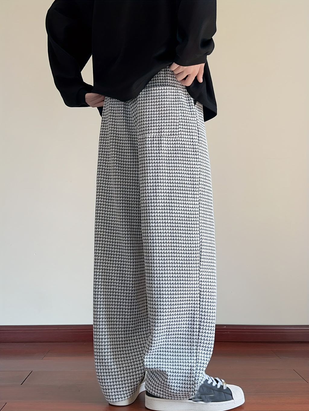 Black & White Houndstooth Oversized Wide-Leg Pants