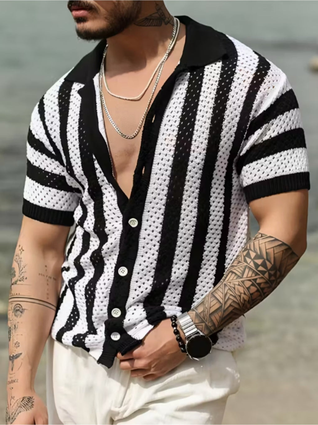 Black & White Striped Open-Knit Short-Sleeve Polo Shirt