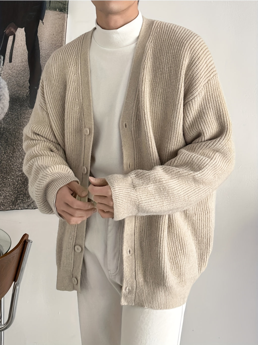 Beige Vertical Rib Knit Oversized V-Neck Cardigan