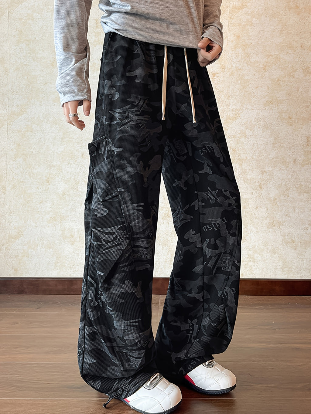 Black Camo Print Oversized Wide-Leg Cargo Pants