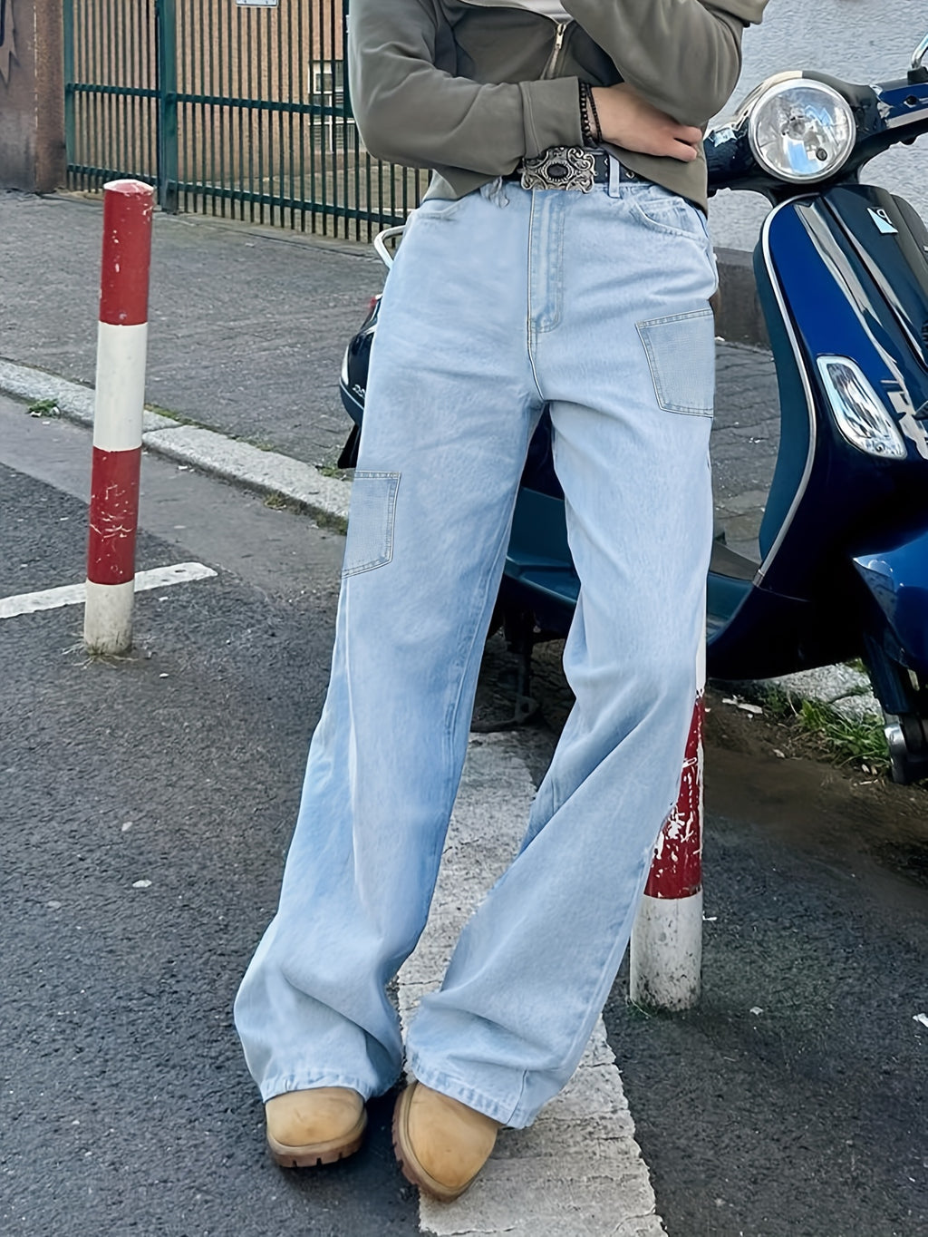 Light Blue Washed Wide-Leg Cargo Jeans