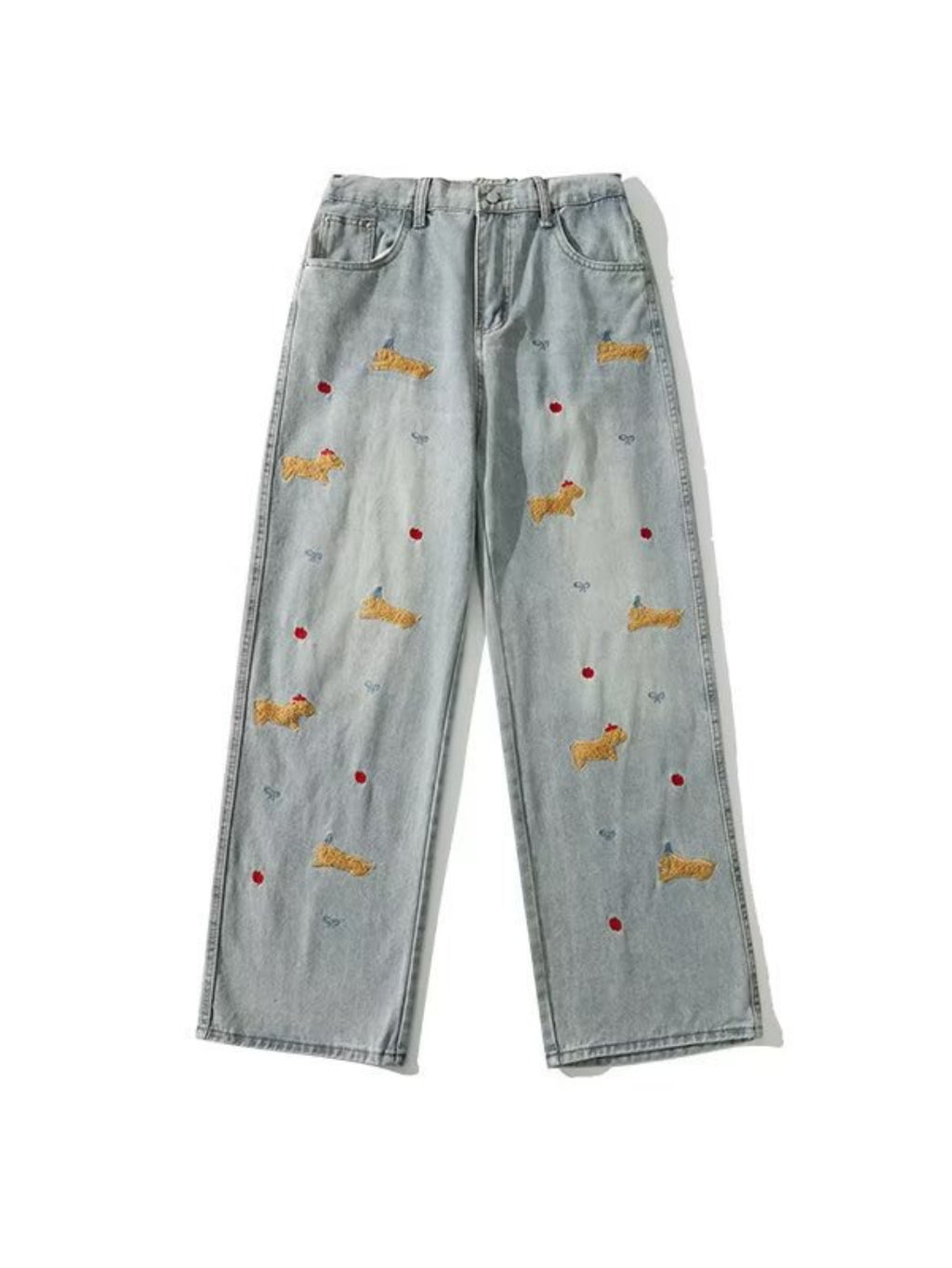 Light Blue Washed Wide-Leg Jeans with Puppy Embroidery