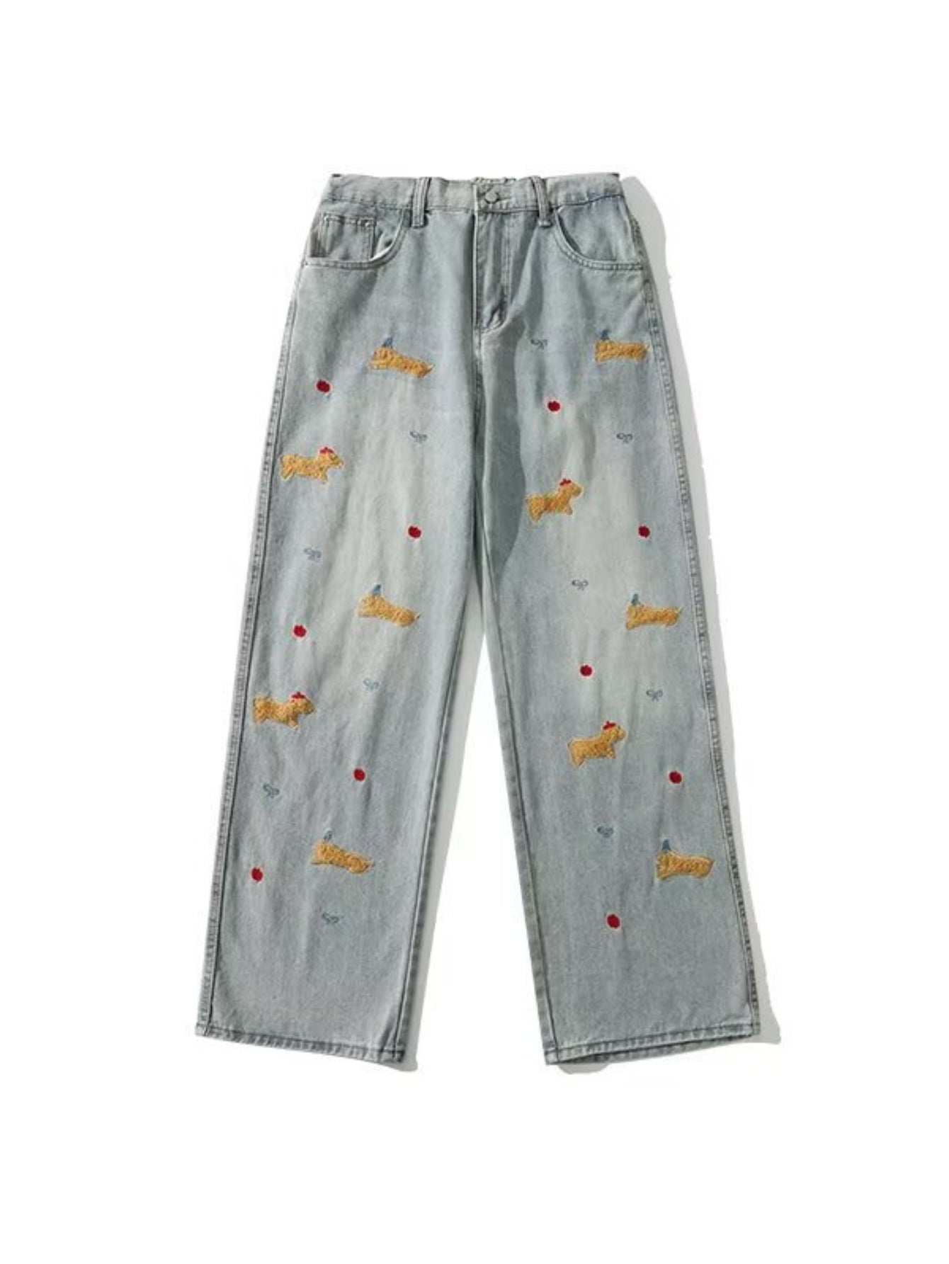 Light Blue Washed Wide-Leg Jeans with Puppy Embroidery