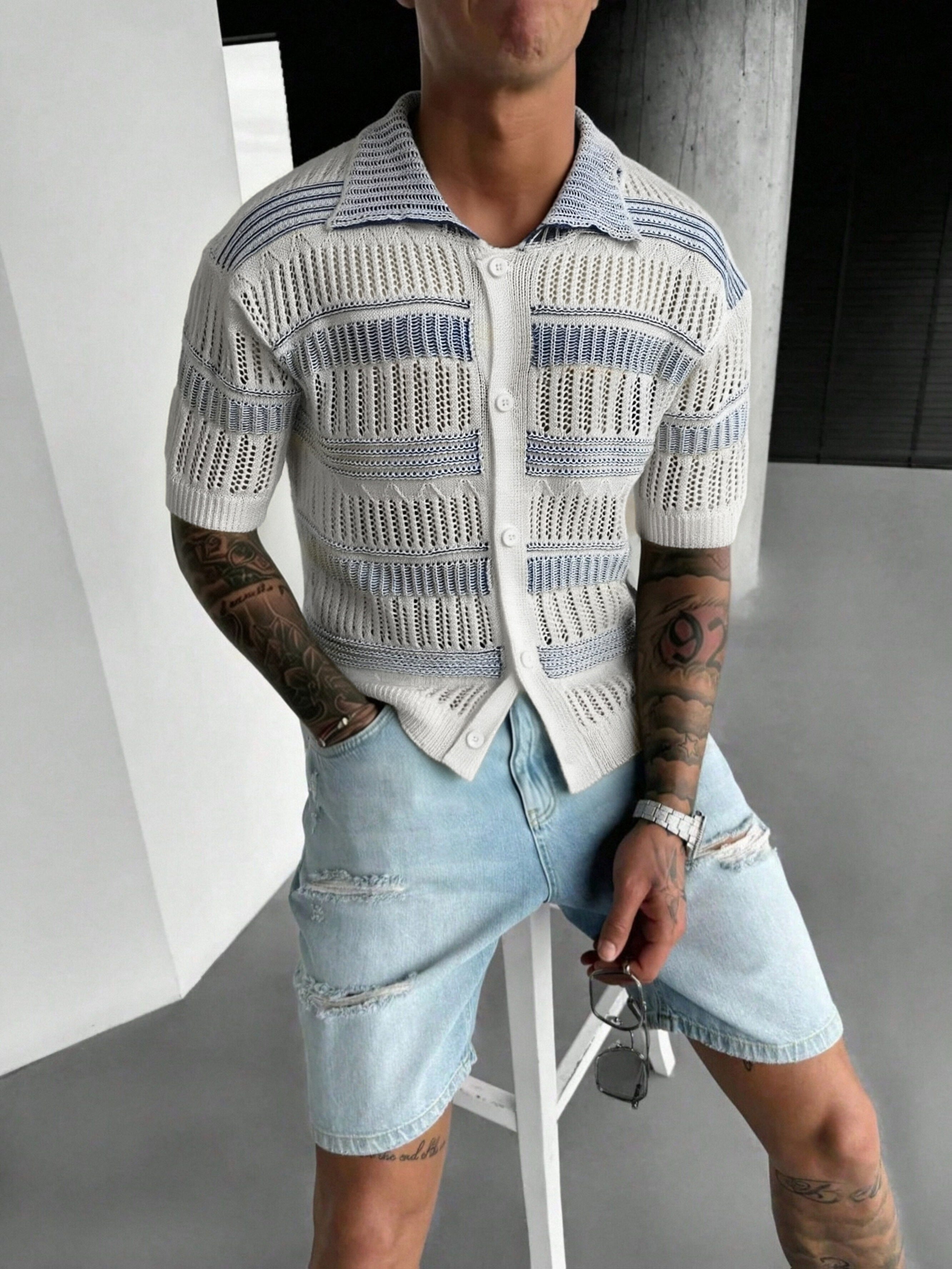White & Blue Openwork Knit Short-Sleeve Polo Cardigan