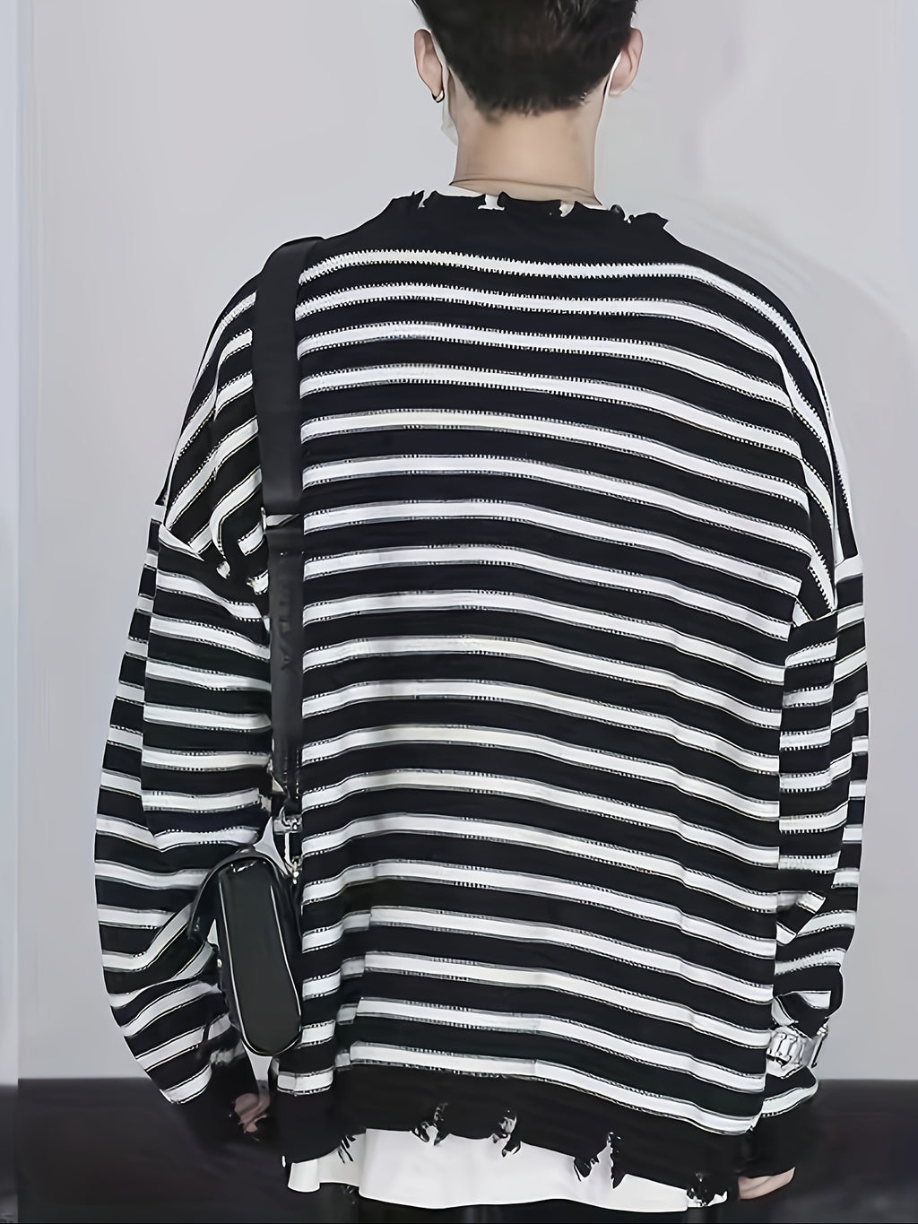 Black & White Stripe Oversized Distressed Knit Crewneck Sweater