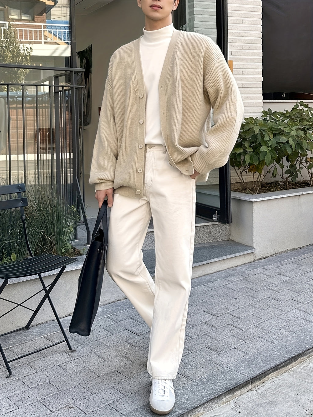 Beige Vertical Rib Knit Oversized V-Neck Cardigan