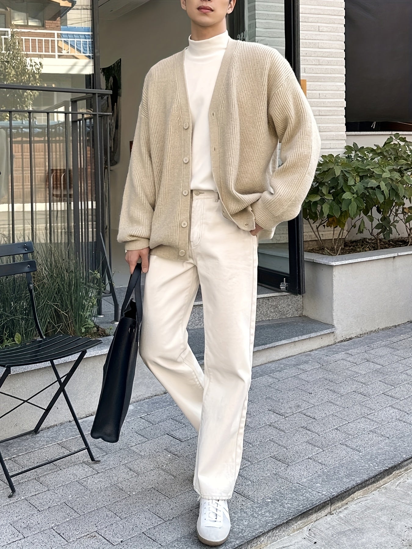 Beige Vertical Rib Knit Oversized V-Neck Cardigan