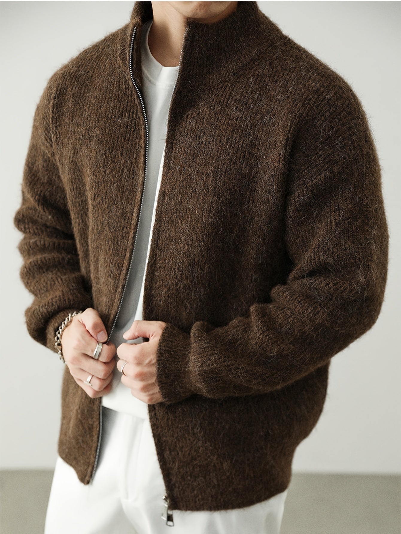 Dark Brown Fuzzy Knit Stand-Collar Zip-Up Cardigan