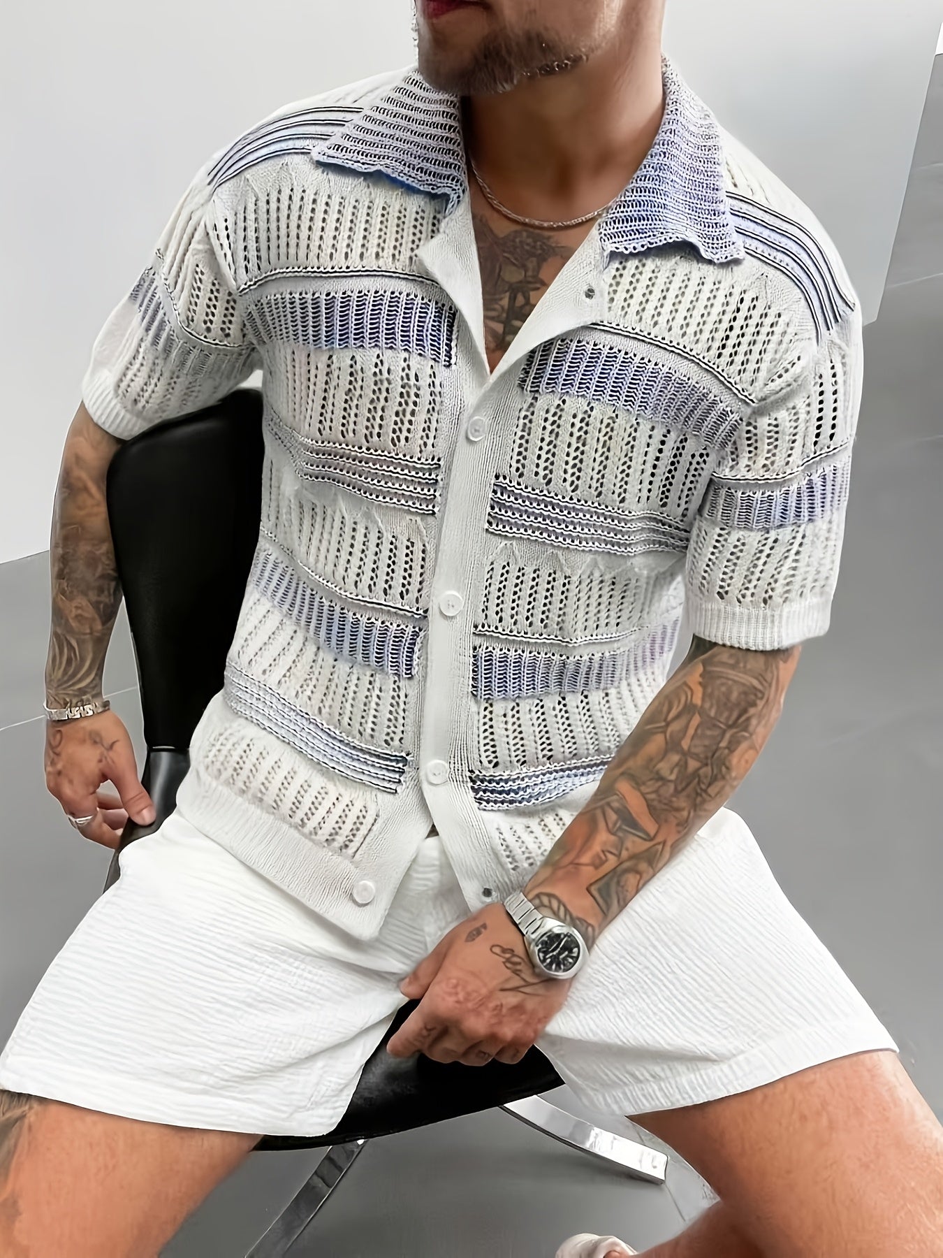 White & Blue Openwork Knit Short-Sleeve Polo Cardigan