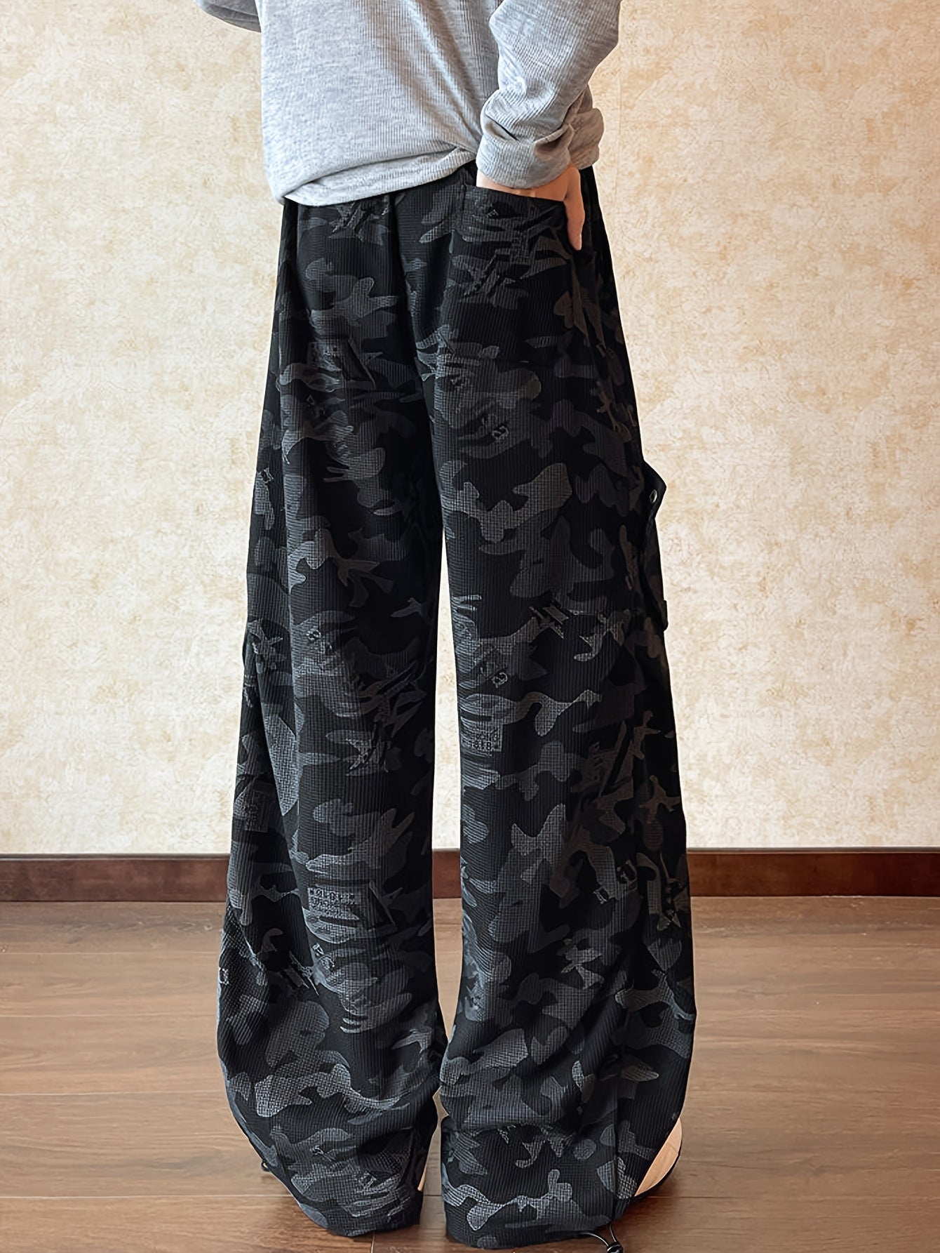 Black Camo Print Oversized Wide-Leg Cargo Pants