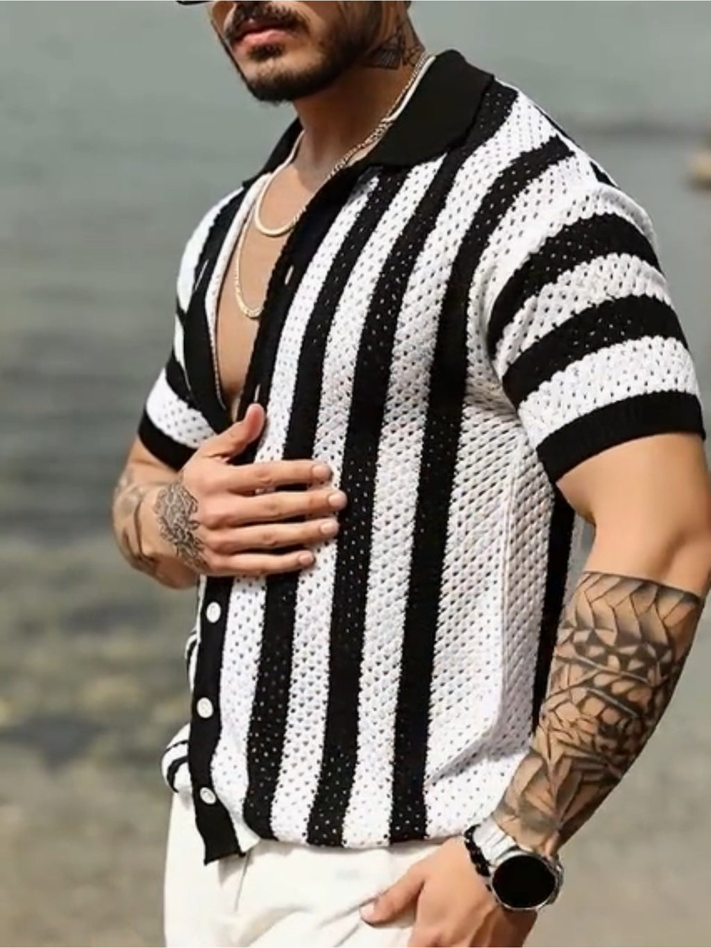 Black & White Striped Open-Knit Short-Sleeve Polo Shirt