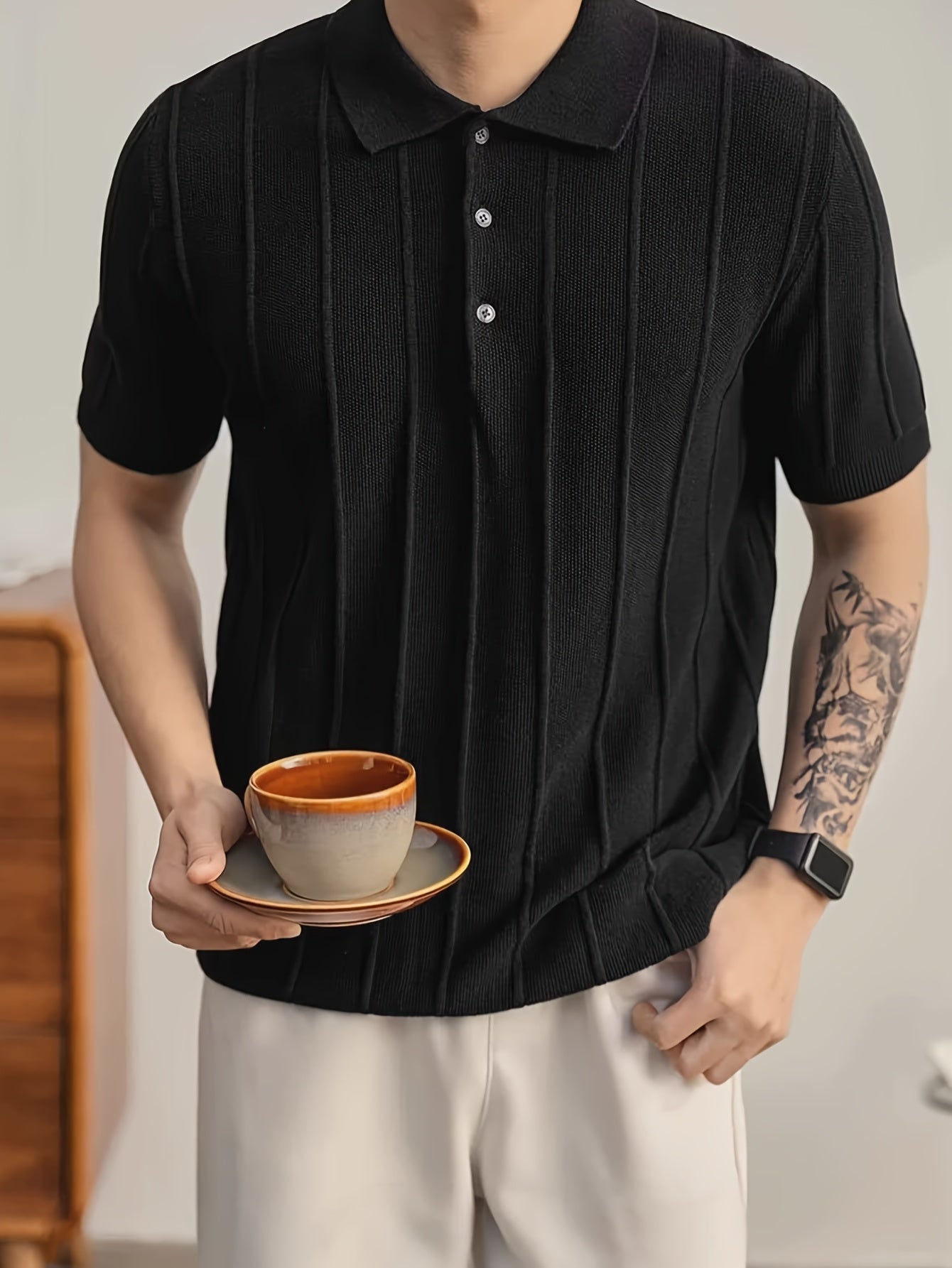 Black Vertical Rib Knit Short-Sleeve Polo Shirt