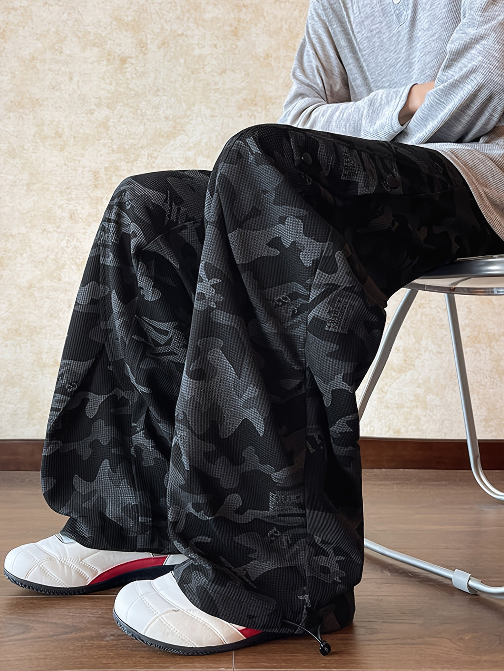 Black Camo Print Oversized Wide-Leg Cargo Pants