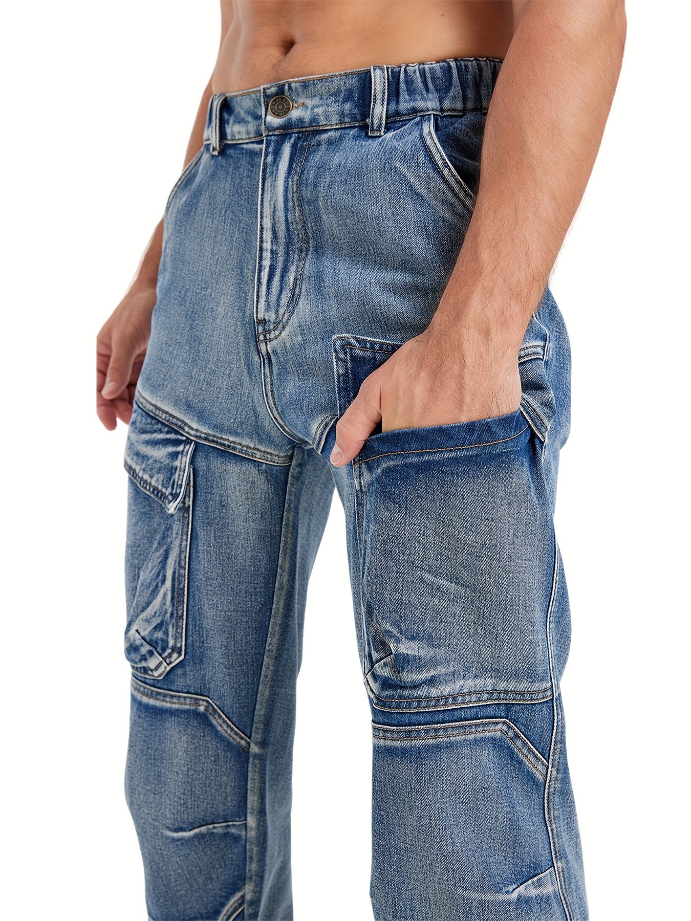 Medium Blue Washed Denim Cargo Jeans with Elastic Waist