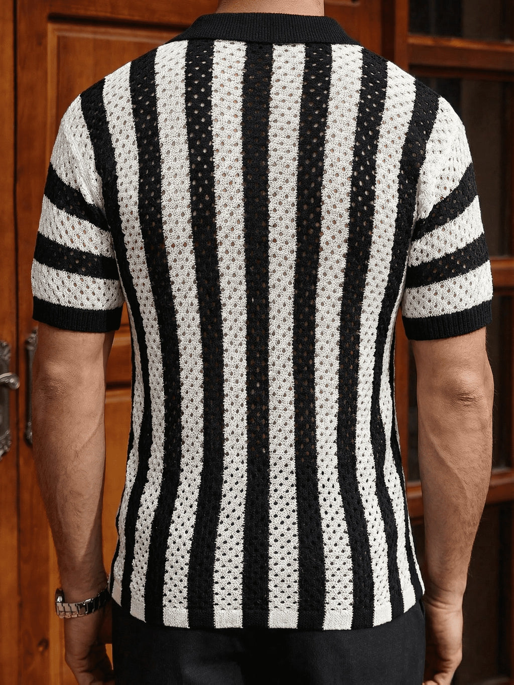 Black & White Striped Open-Knit Short-Sleeve Polo Shirt