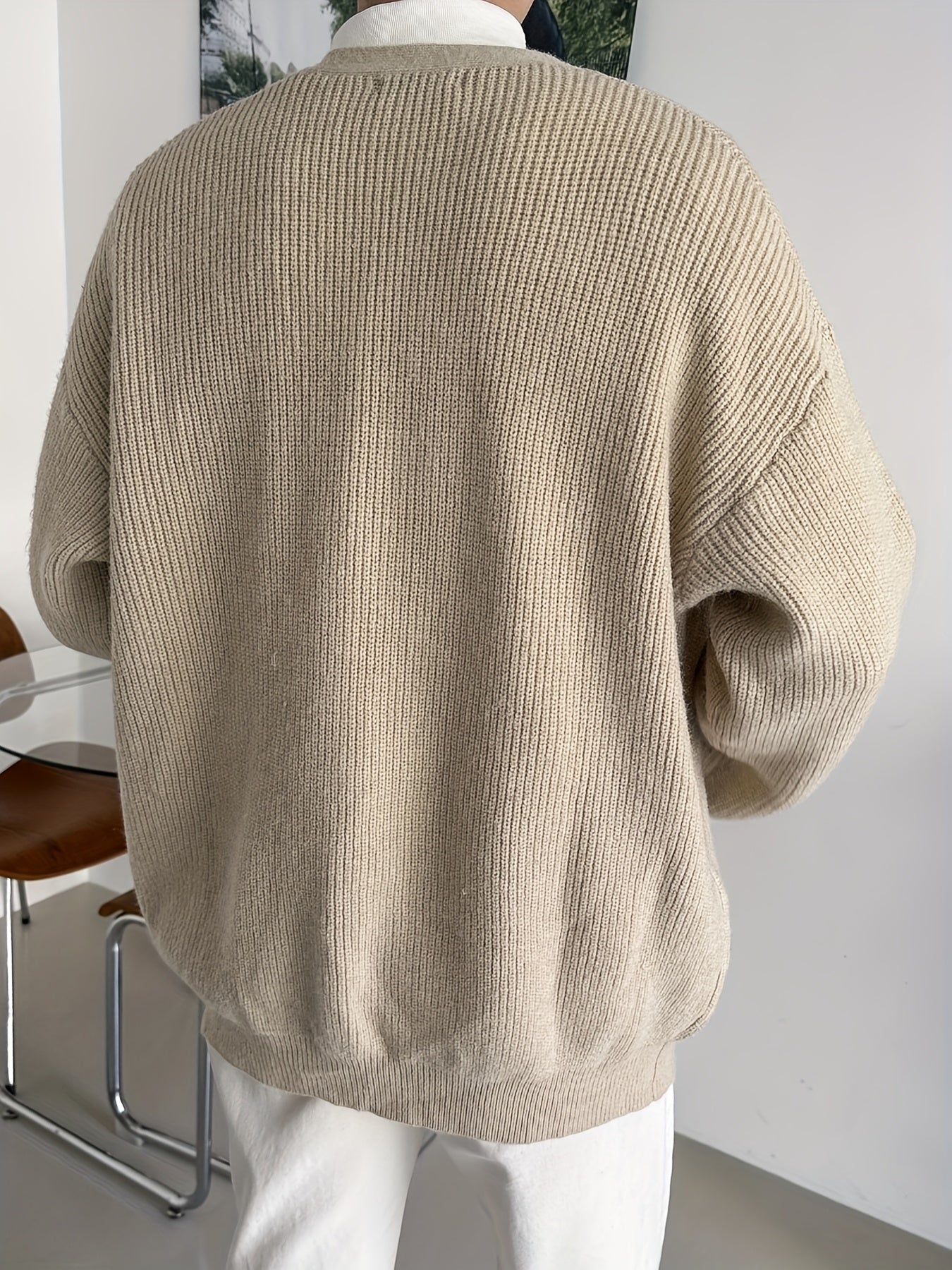 Beige Vertical Rib Knit Oversized V-Neck Cardigan