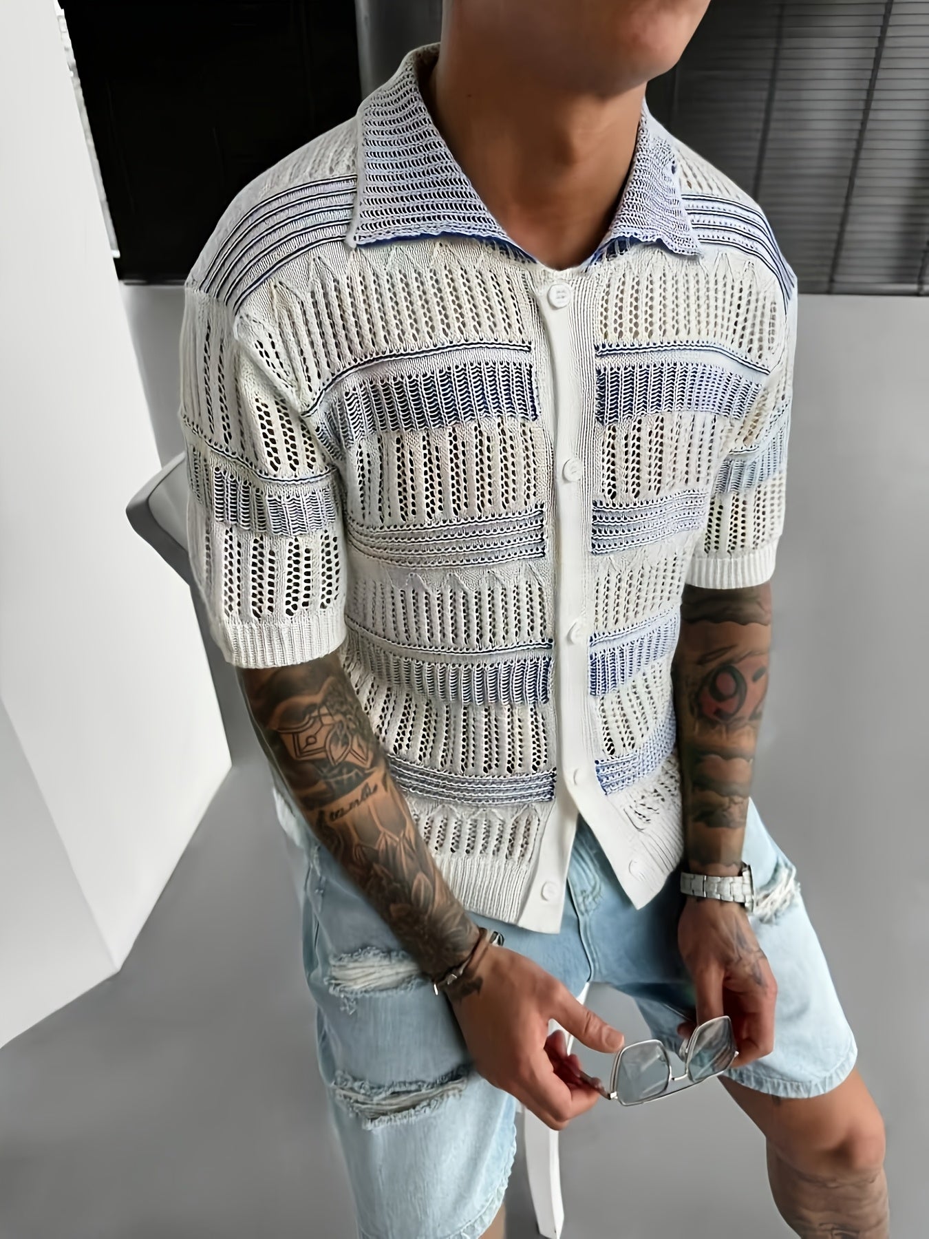 White & Blue Openwork Knit Short-Sleeve Polo Cardigan