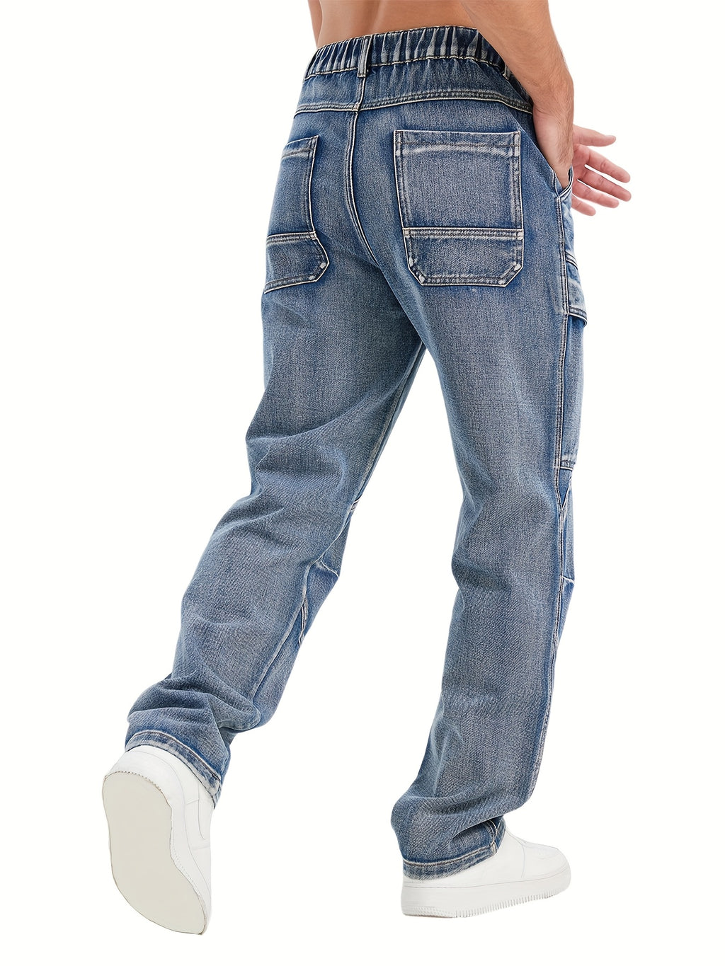 Medium Blue Washed Denim Cargo Jeans with Elastic Waist