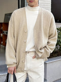 Beige Vertical Rib Knit Oversized V-Neck Cardigan