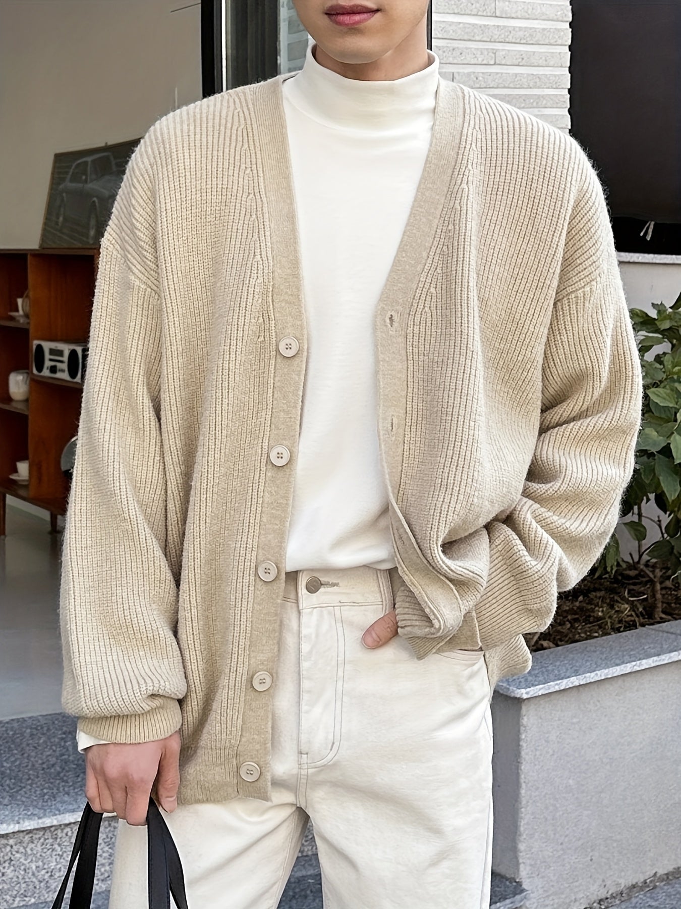 Beige Vertical Rib Knit Oversized V-Neck Cardigan