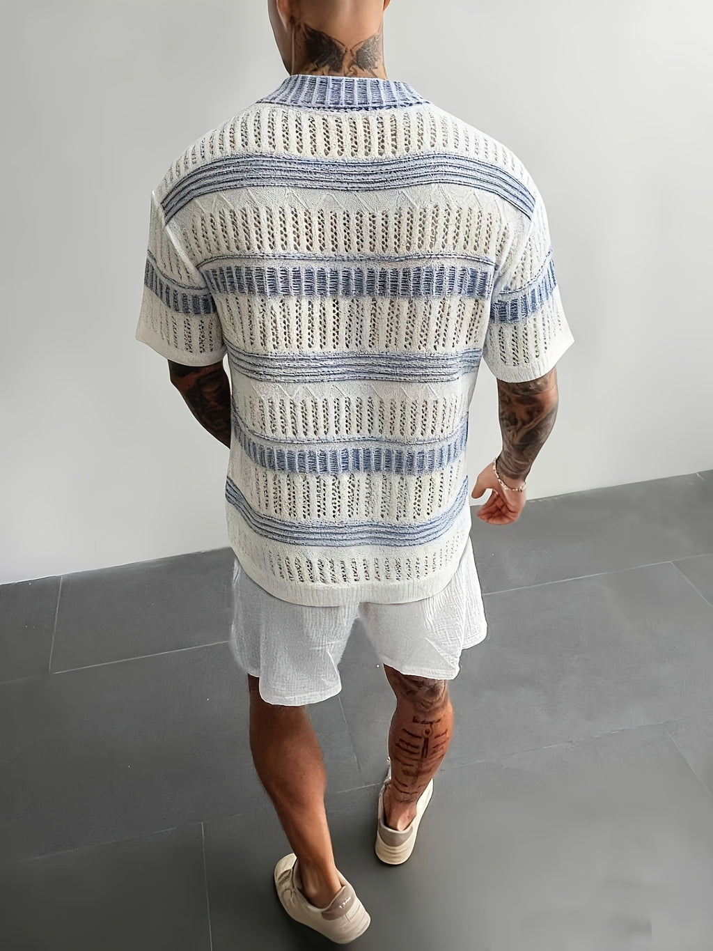 White & Blue Openwork Knit Short-Sleeve Polo Cardigan