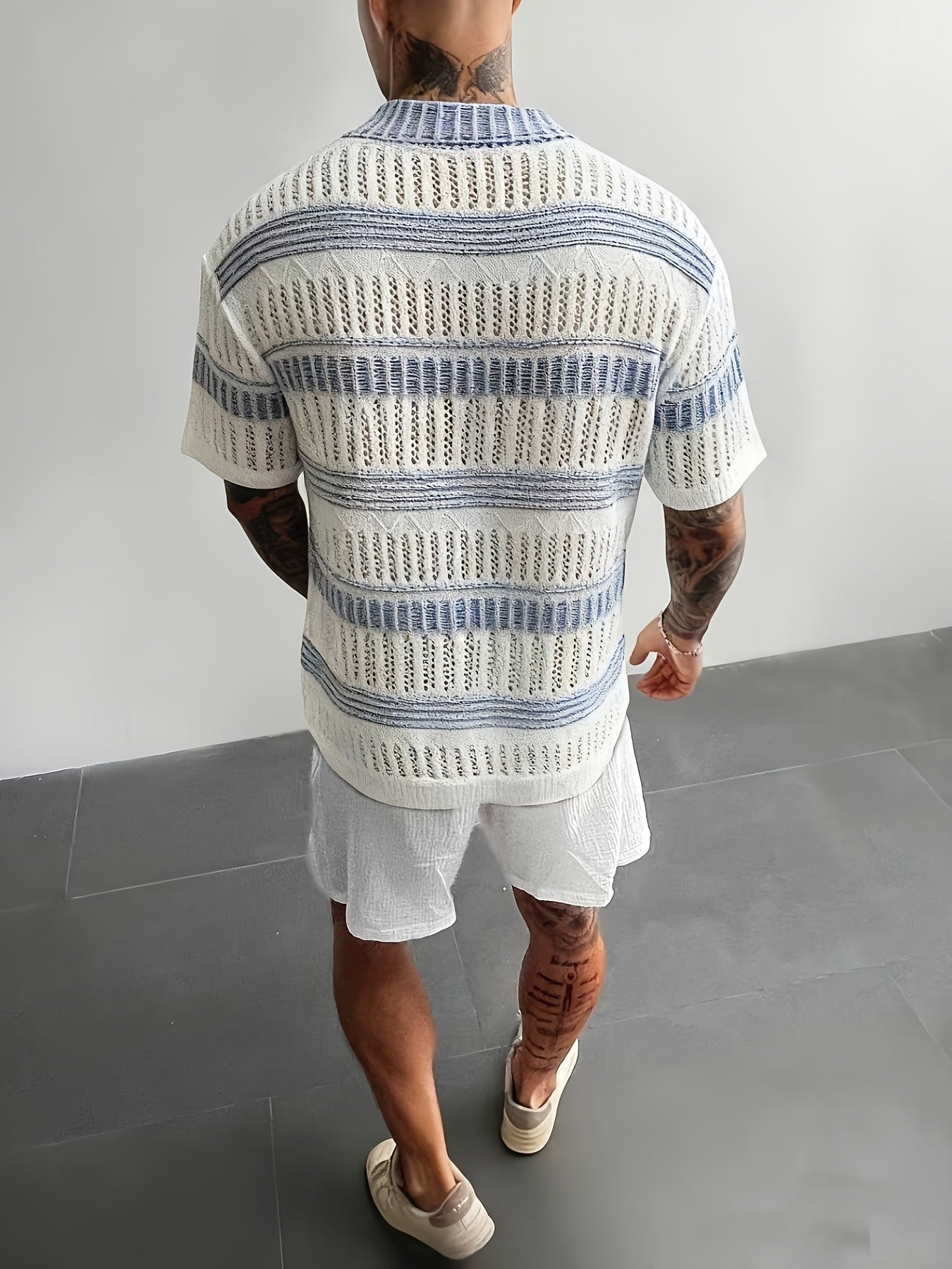 White & Blue Openwork Knit Short-Sleeve Polo Cardigan
