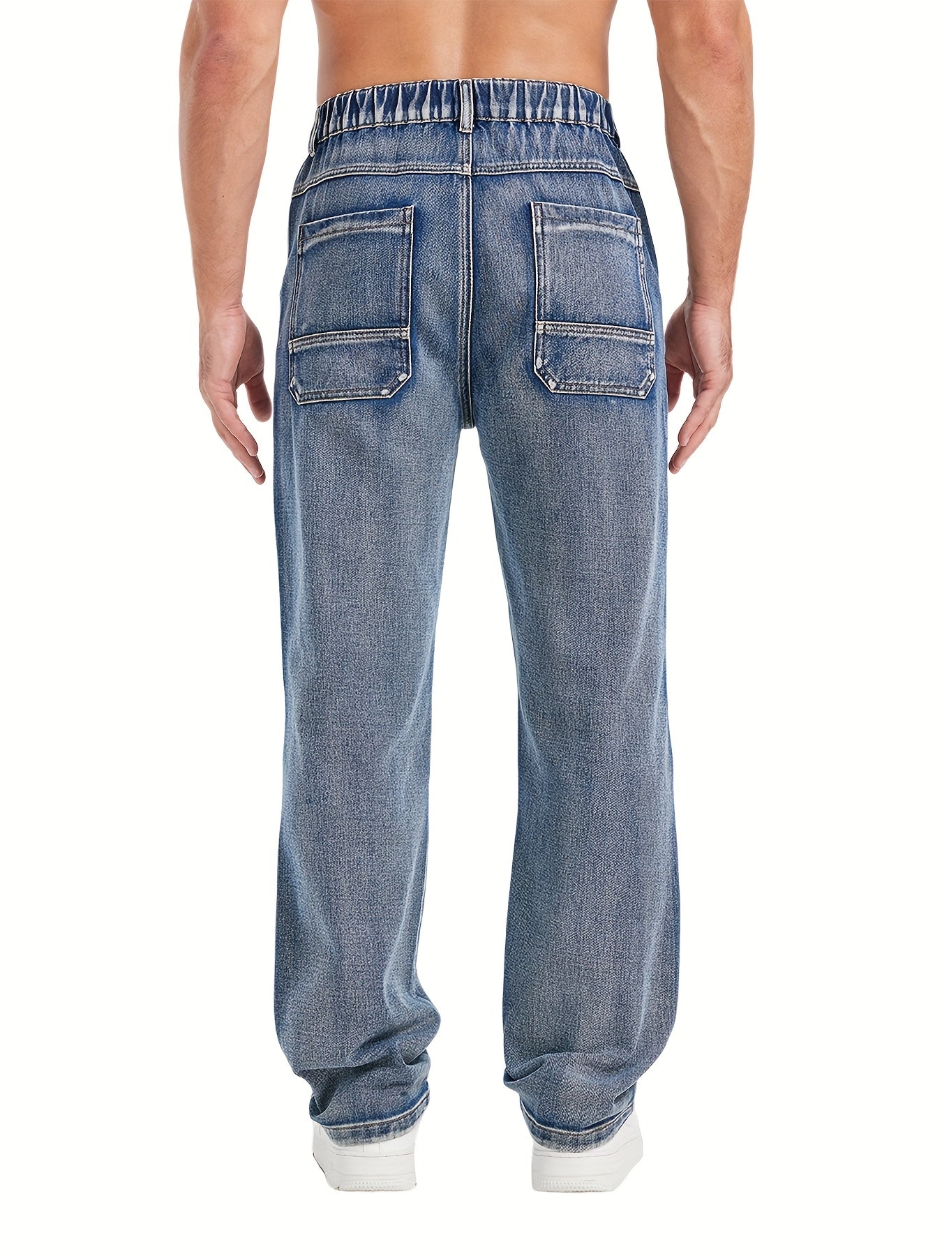 Medium Blue Washed Denim Cargo Jeans with Elastic Waist