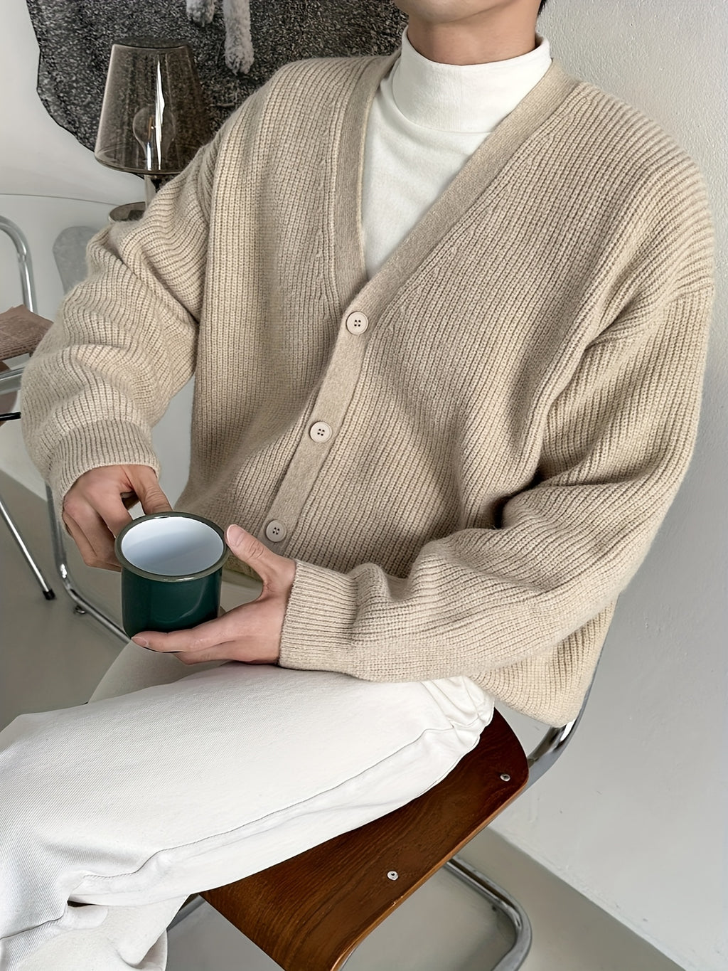 Beige Vertical Rib Knit Oversized V-Neck Cardigan